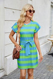 Tied Contrast Striped Short Sleeve Mini Tee Dress - Trendsi