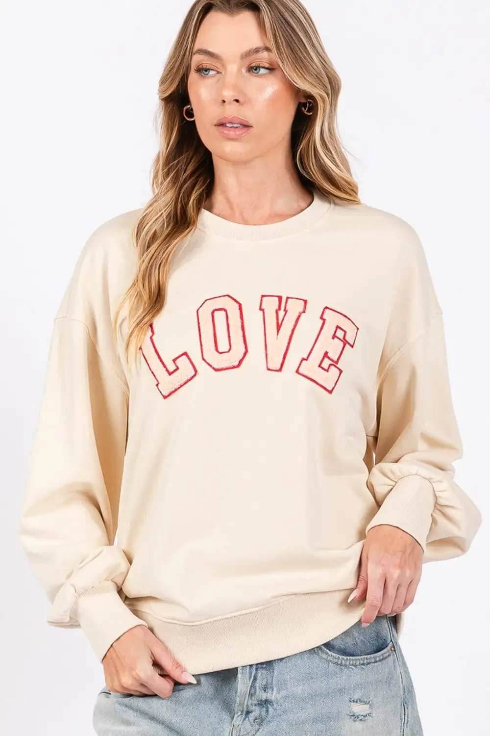 SAGE + FIG LOVE Path Applique Drop Shoulder Sweatshirt - Trendsi - Flyclothing LLC