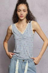 POL Ruched Floral V-Neck Tank with Lace Detail - Trendsi - Flyclothing LLC