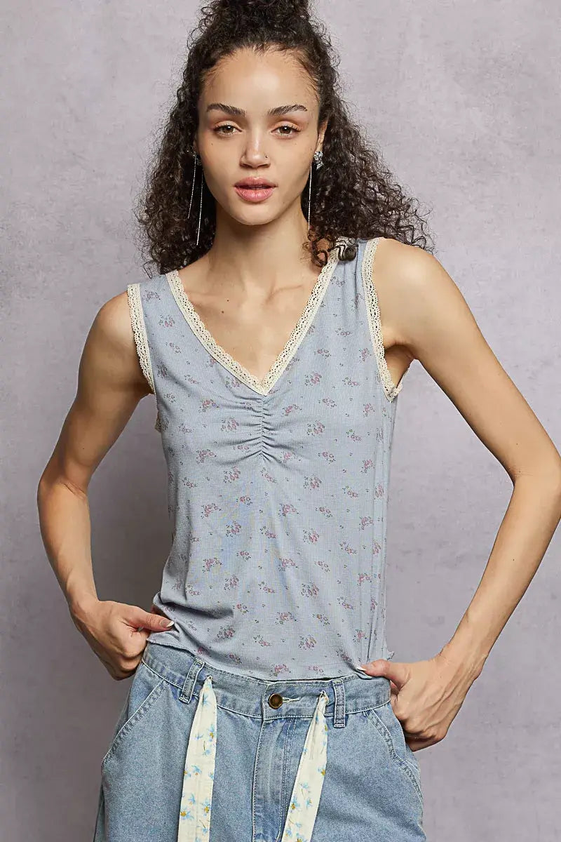 POL Ruched Floral V-Neck Tank with Lace Detail - Trendsi - Flyclothing LLC