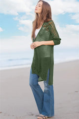 Openwork Side Slit Open Front Long Sleeve Cardigan - Trendsi - Flyclothing LLC