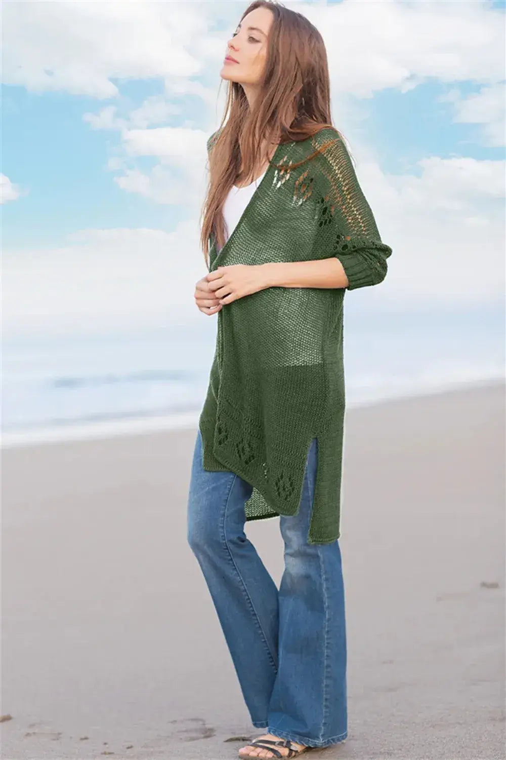 Openwork Side Slit Open Front Long Sleeve Cardigan - Trendsi - Flyclothing LLC