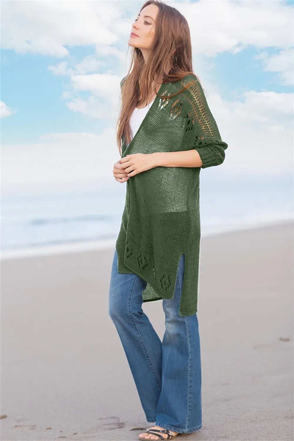 Openwork Side Slit Open Front Long Sleeve Cardigan - Trendsi - Flyclothing LLC