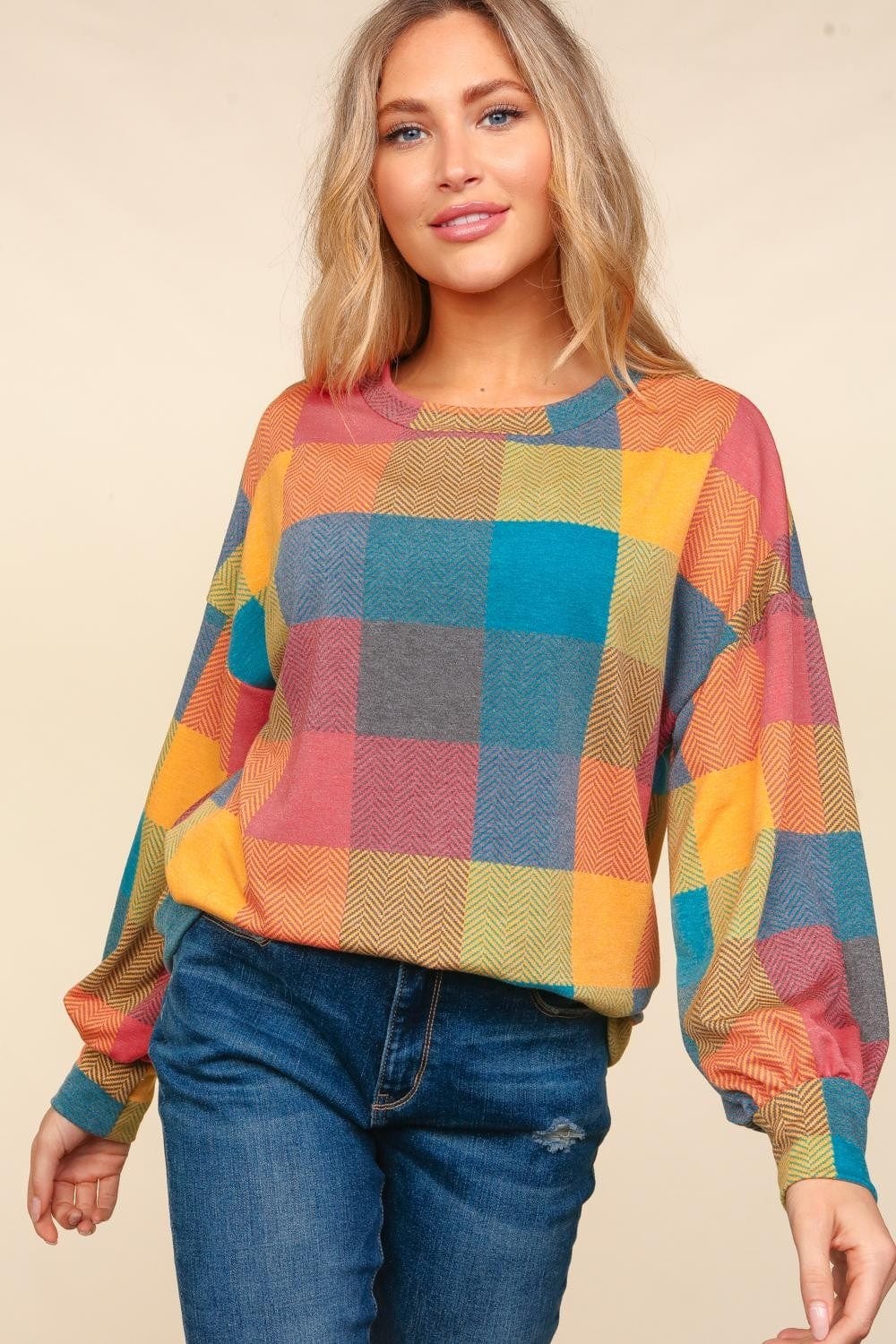 Haptics Round Neck Color Block Plaid Top - Trendsi