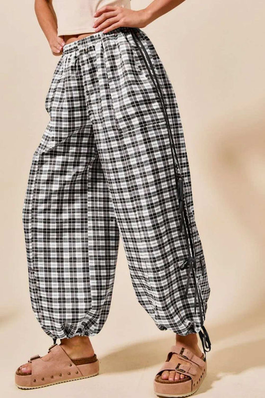 SO ME Plaid Elastic Waist Balloon Pants - Trendsi - Flyclothing LLC