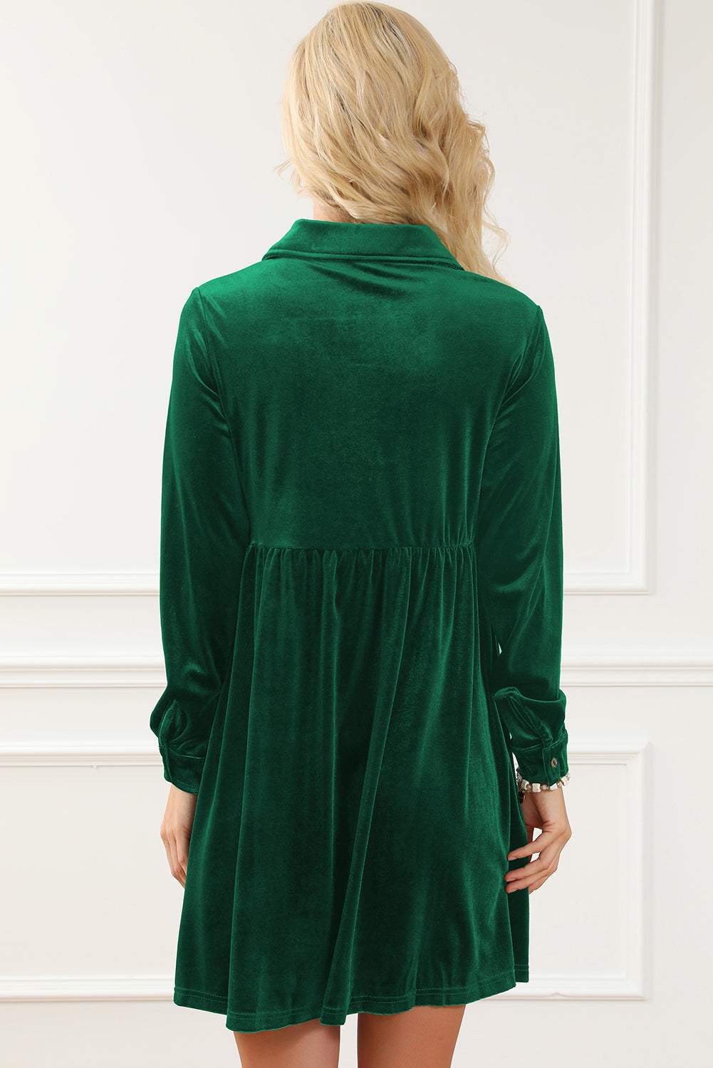 Ruched Button Up Collared Neck Long Sleeve Shirt Dress - Trendsi - Flyclothing LLC