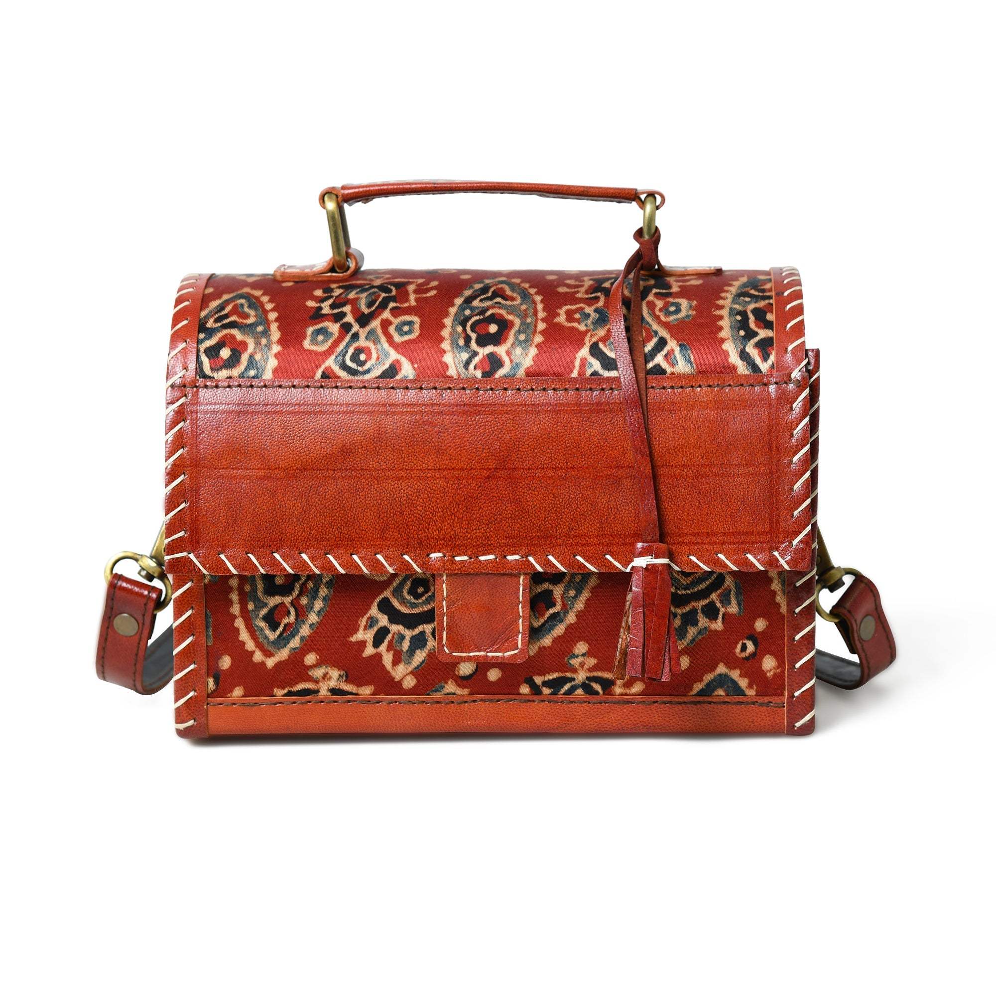 Maroon Mystique Ajrakh Satchel Purse - Classy Leather Bags - Flyclothing LLC