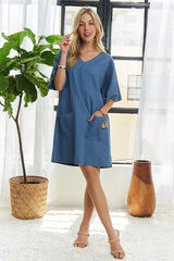 ADORA V-Neck Half Sleeve Mini Denim Dress - Trendsi - Flyclothing LLC