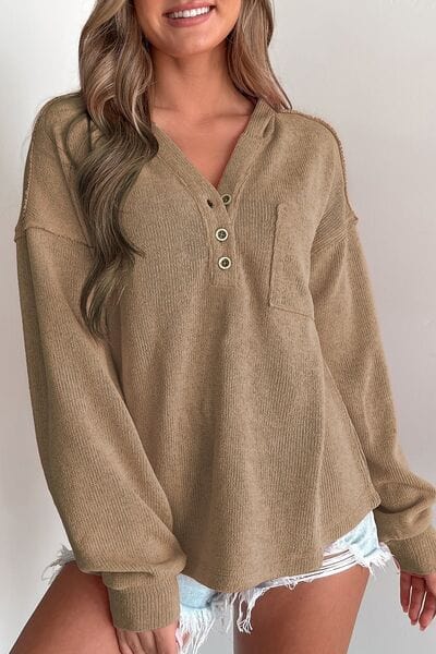Button Detail Long Sleeve Hoodie - Trendsi