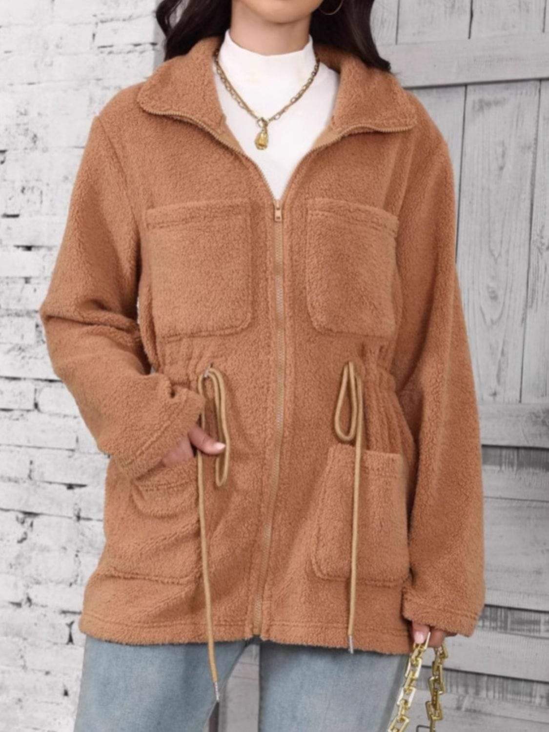 Drawstring Zip Up Long Sleeve Outerwear - Trendsi - Flyclothing LLC