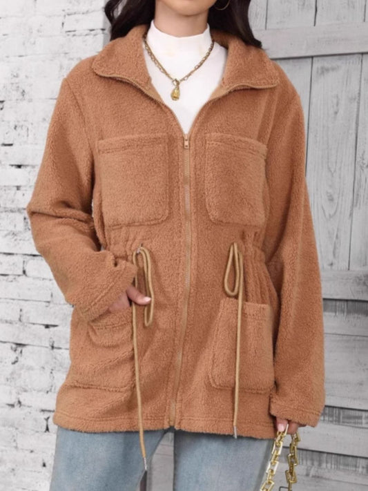 Drawstring Zip Up Long Sleeve Outerwear - Trendsi