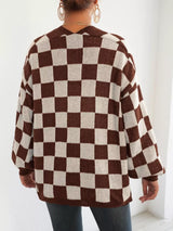 Checkerboard Pattern Open Front Knit Cardigan - Trendsi - Flyclothing LLC