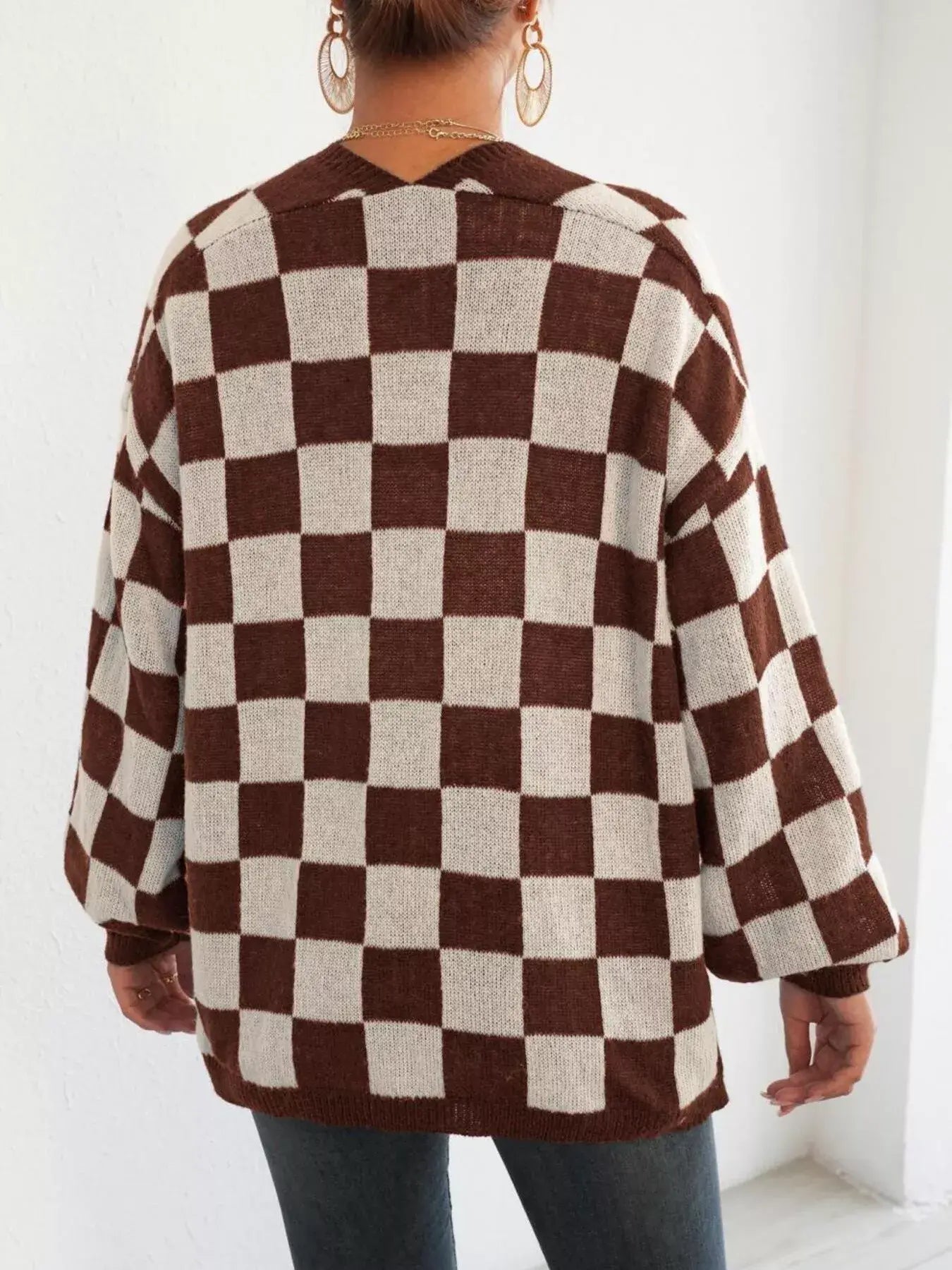 Checkerboard Pattern Open Front Knit Cardigan - Trendsi - Flyclothing LLC
