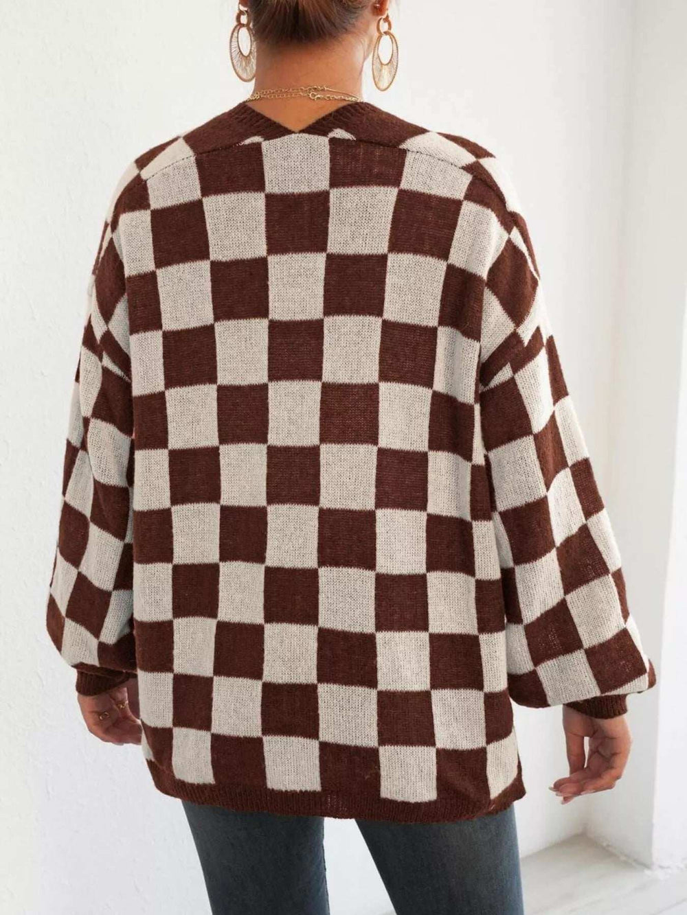 Checkerboard Pattern Open Front Knit Cardigan - Trendsi - Flyclothing LLC