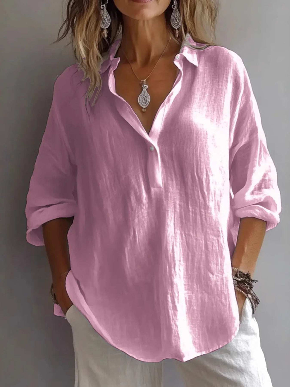 Collared Neck Long Sleeve Shirt - Trendsi - Flyclothing LLC