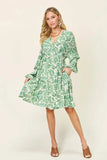 Double Take Full Size Printed Ruched Balloon Sleeve Dress - Trendsi - Flyclothing LLC
