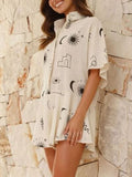 Printed Collared Neck Half Sleeve Romper - Trendsi