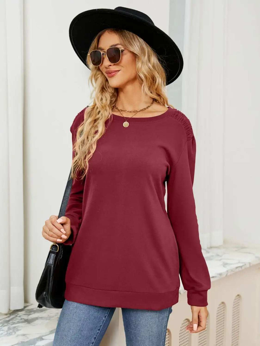Ruched Shoulder Round Neck Long Sleeve Sweatshirt - Trendsi - Flyclothing LLC