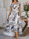 Devine Smocked Printed Short Sleeve Maxi Dress - Trendsi