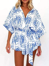 Printed Tie Waist Half Sleeve Romper - Trendsi - Flyclothing LLC