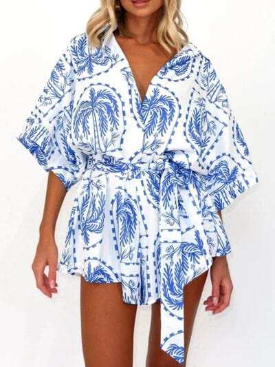 Printed Tie Waist Half Sleeve Romper - Trendsi - Flyclothing LLC
