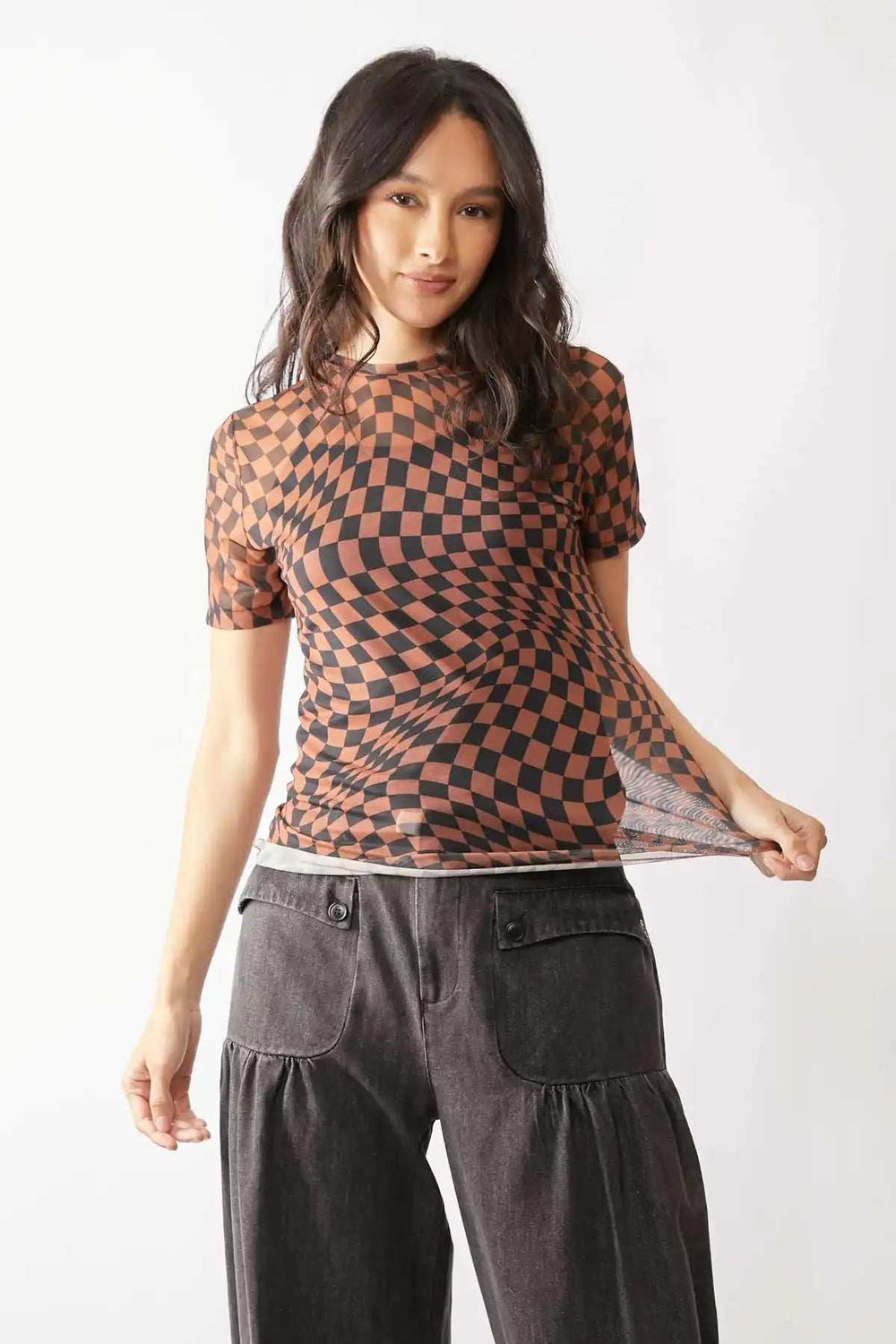 Davi & Dani Checker Board Printed Mesh Short Sleeve Top - Trendsi - Flyclothing LLC