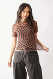 Davi & Dani Checker Board Printed Mesh Short Sleeve Top - Trendsi