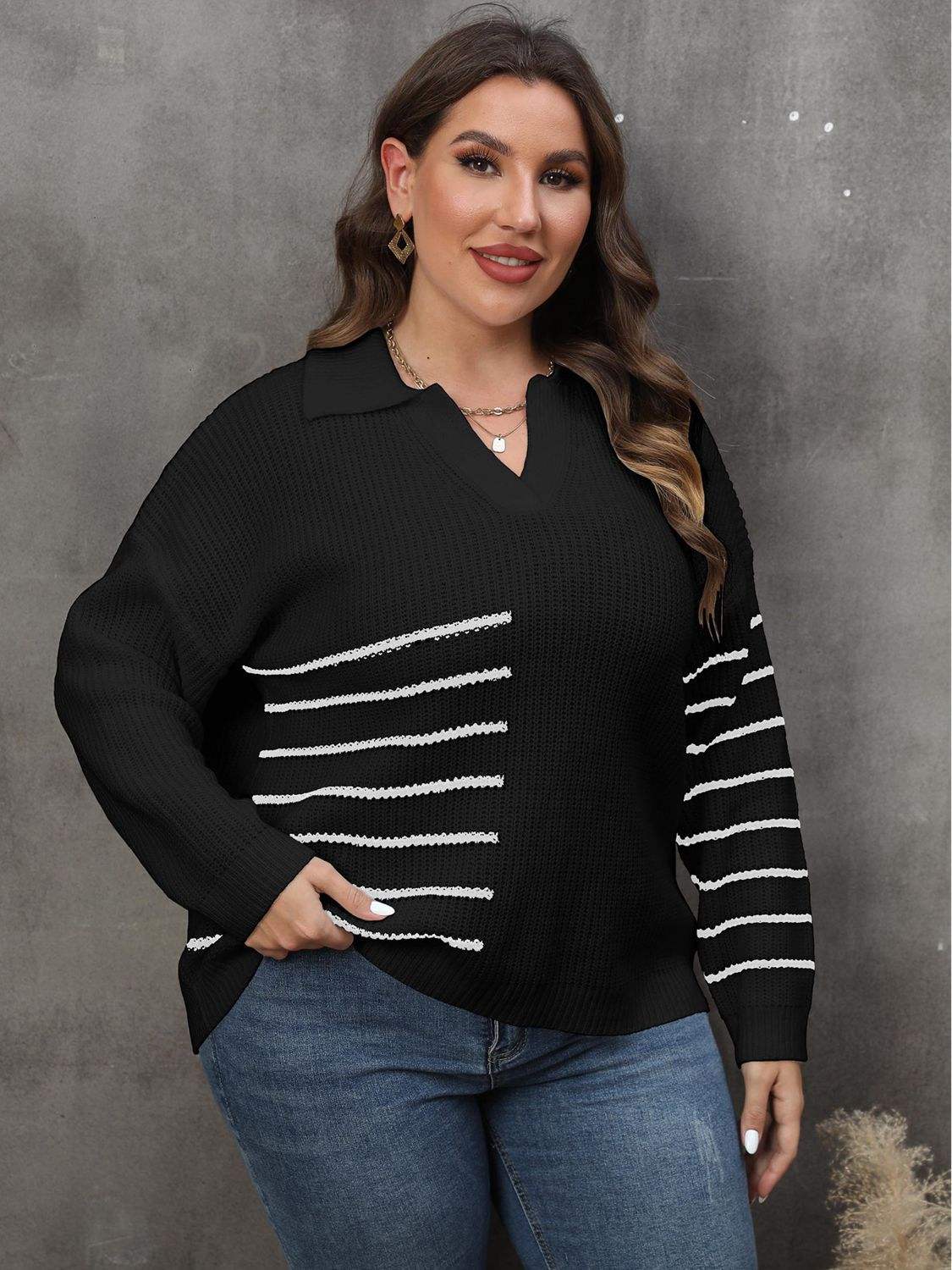 Plus Size Striped V-Neck Sweater - Trendsi - Flyclothing LLC