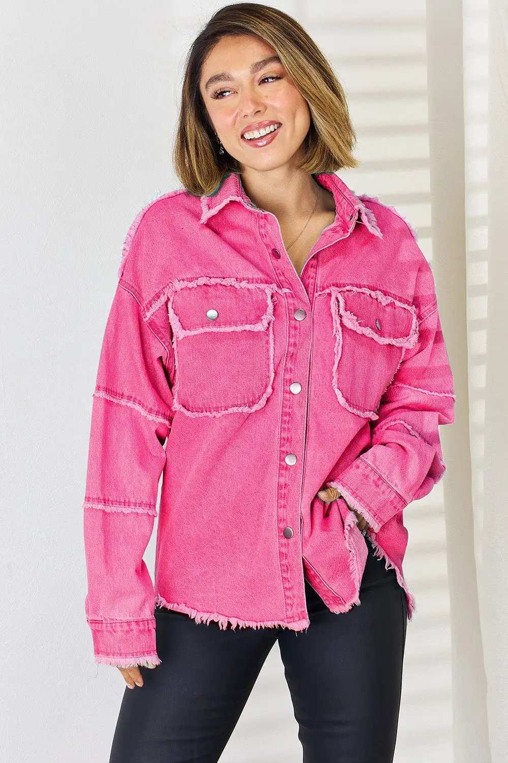 PEACE Raw Hem Dropped Shoulder Denim Top - Trendsi - Flyclothing LLC