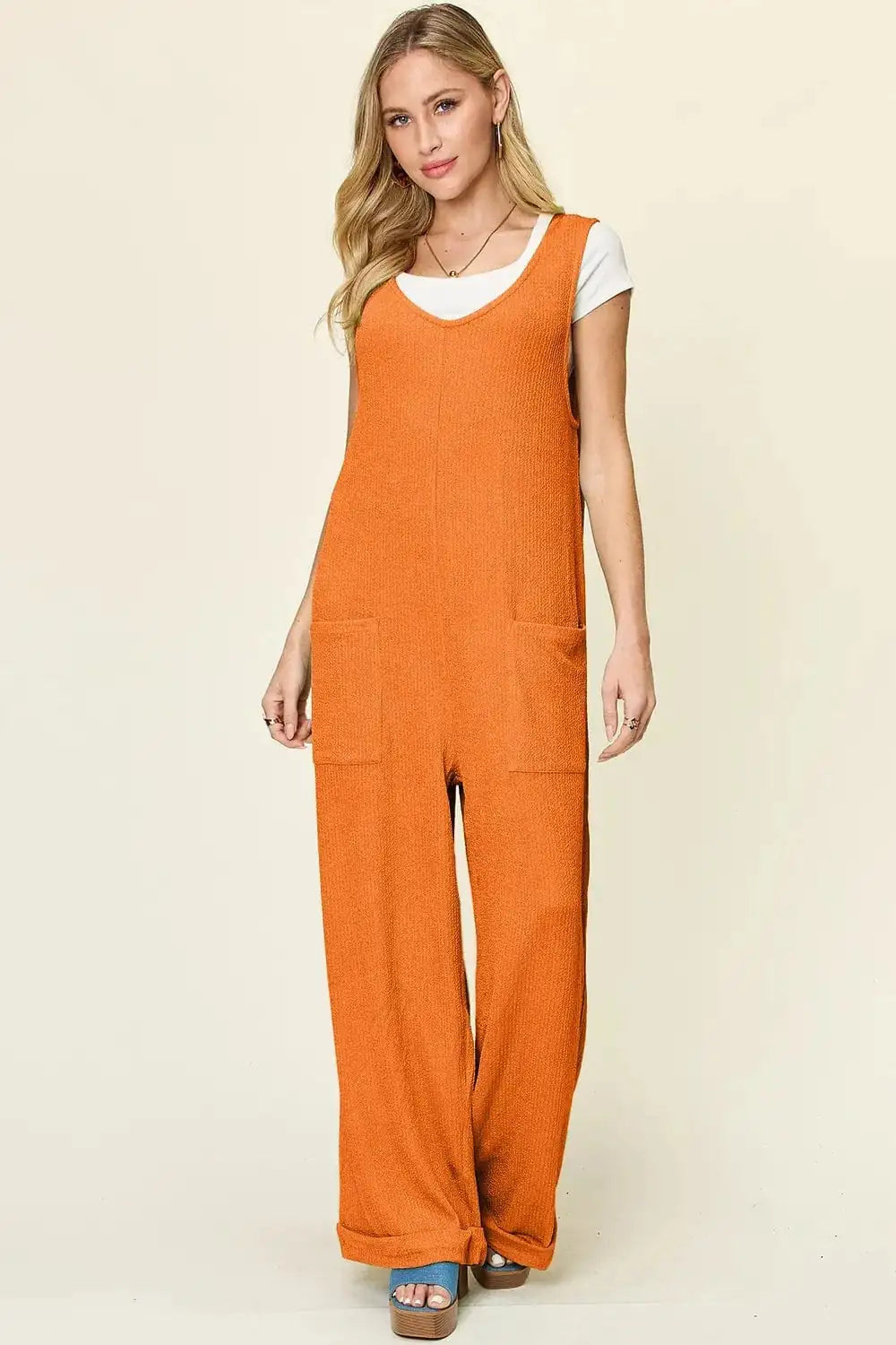 Double Take Full Size Texture Sleeveless Wide Leg Jumpsuit - Trendsi