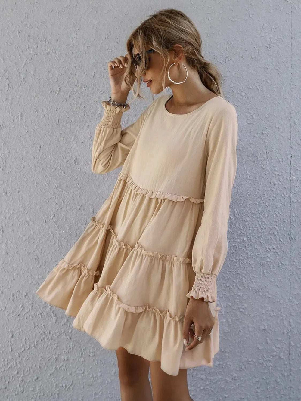 Frill Tiered Long Sleeve Mini Dress - Trendsi - Flyclothing LLC