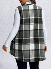 Honey Plus Size Pocketed Plaid Button Up Vest Coat - Trendsi