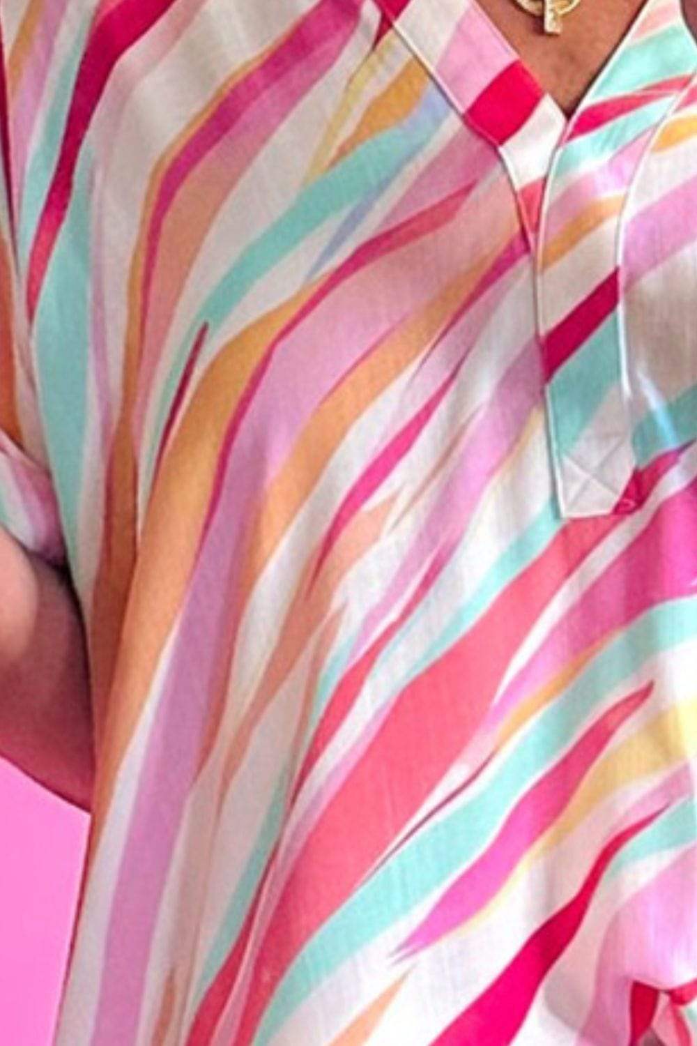 Color Block V-Neck Half Sleeve Blouse - Trendsi - Flyclothing LLC