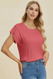 Double Take Full Size Cable-Knit Round Neck Short Sleeve Sweater - Trendsi - Flyclothing LLC