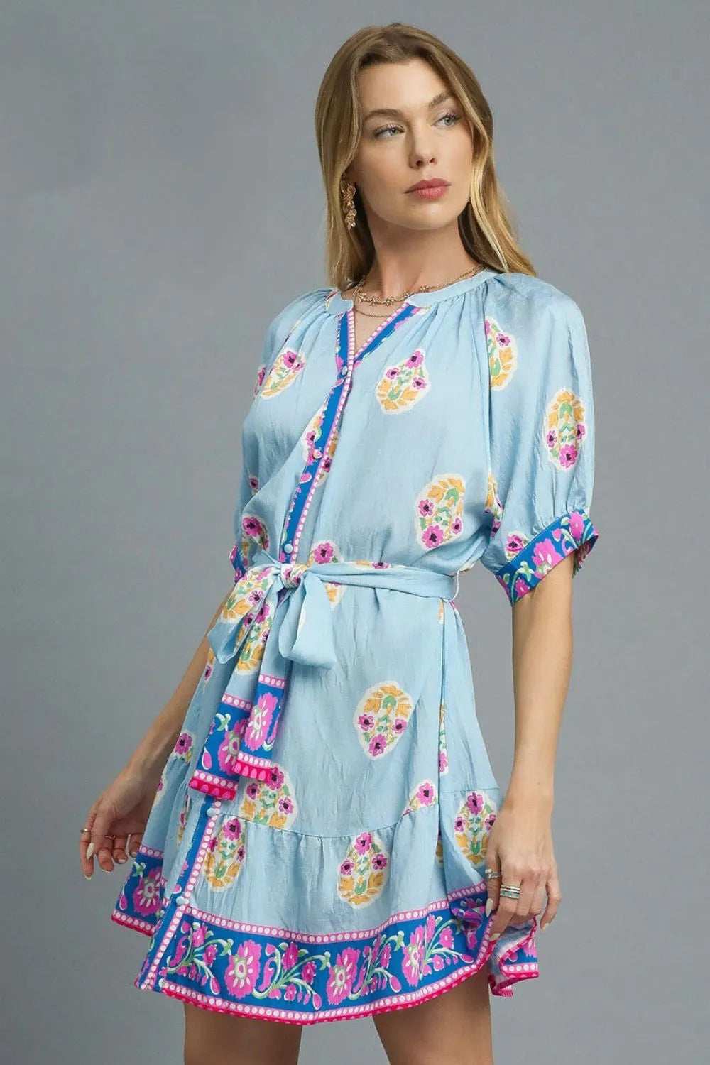 Umgee Floral Print Tie Waist Short Sleeve Dress - Trendsi - Flyclothing LLC