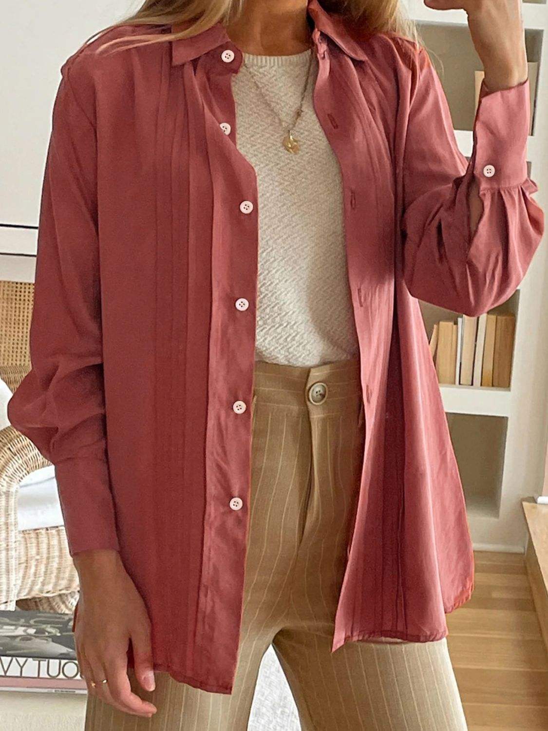 Perfee Ruched Collared Neck Long Sleeve Shirt - Trendsi - Flyclothing LLC