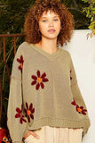 POL V-Neck Floral Pattern Chenille Sweater - Trendsi