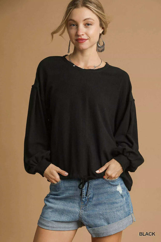Umgee Full Size Linen Long Sleeve Top with Drawstring Plus Size - Trendsi - Flyclothing LLC