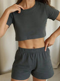 Waffle-Knit Round Neck T-Shirt, Open Front Cardigan and Shorts Set - Trendsi