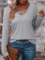 Crisscross V-Neck Long Sleeve T-Shirt - Trendsi - Flyclothing LLC