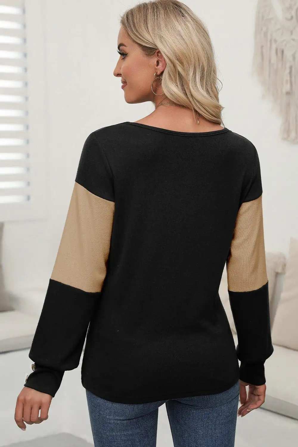 Color Block V-Neck Long Sleeve Top - Trendsi - Flyclothing LLC