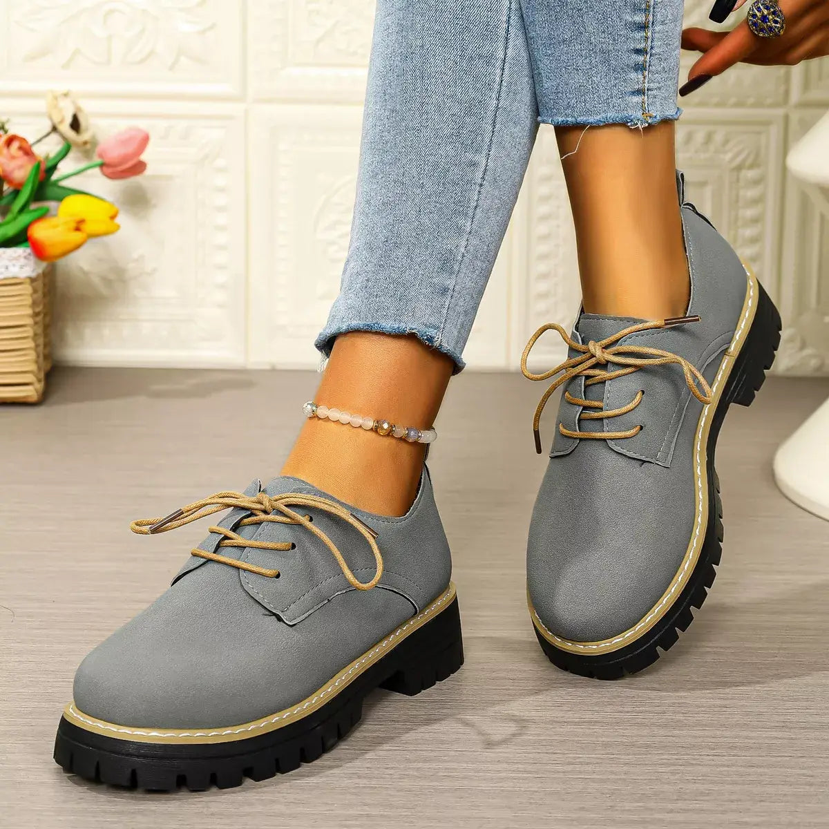 Round Toe Lace-Up Loafers - Trendsi - Flyclothing LLC