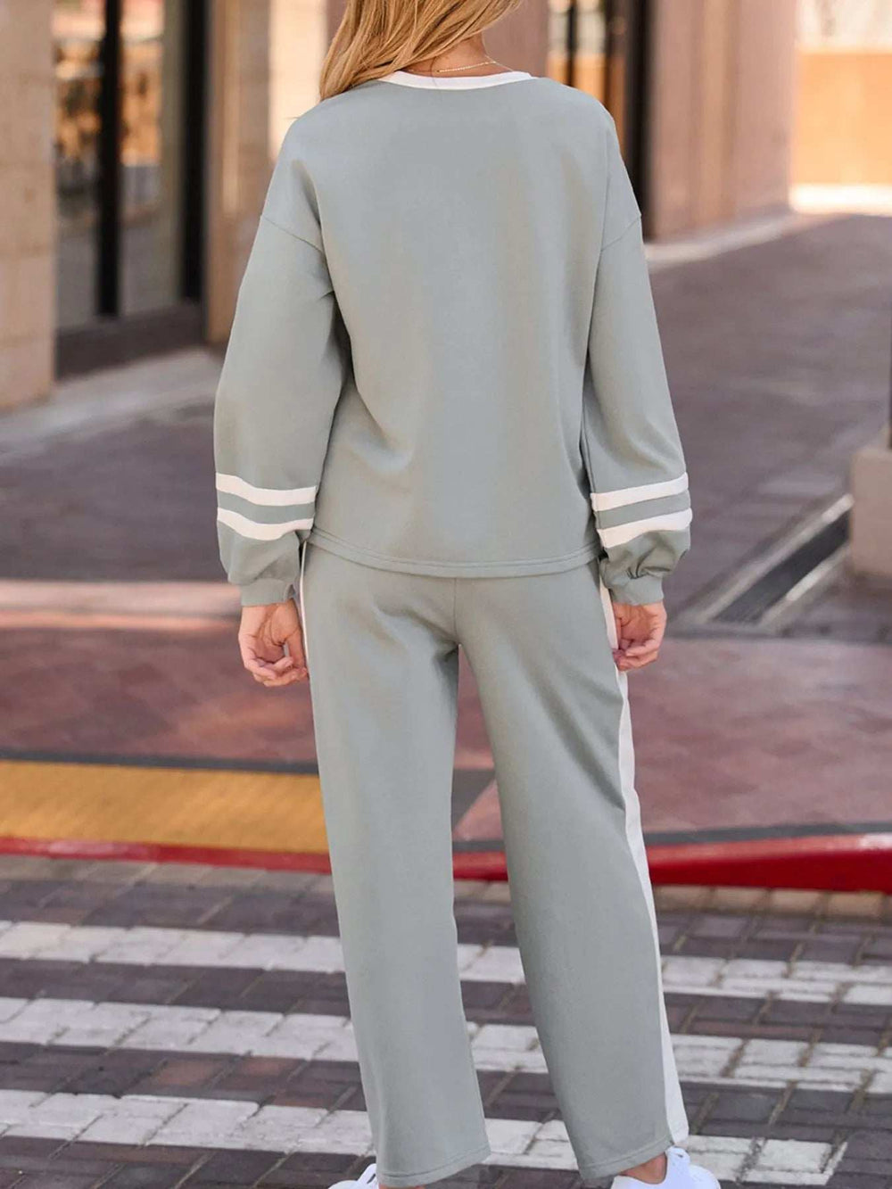 Contrast Trim Round Neck Top and Pants Set - Trendsi - Flyclothing LLC