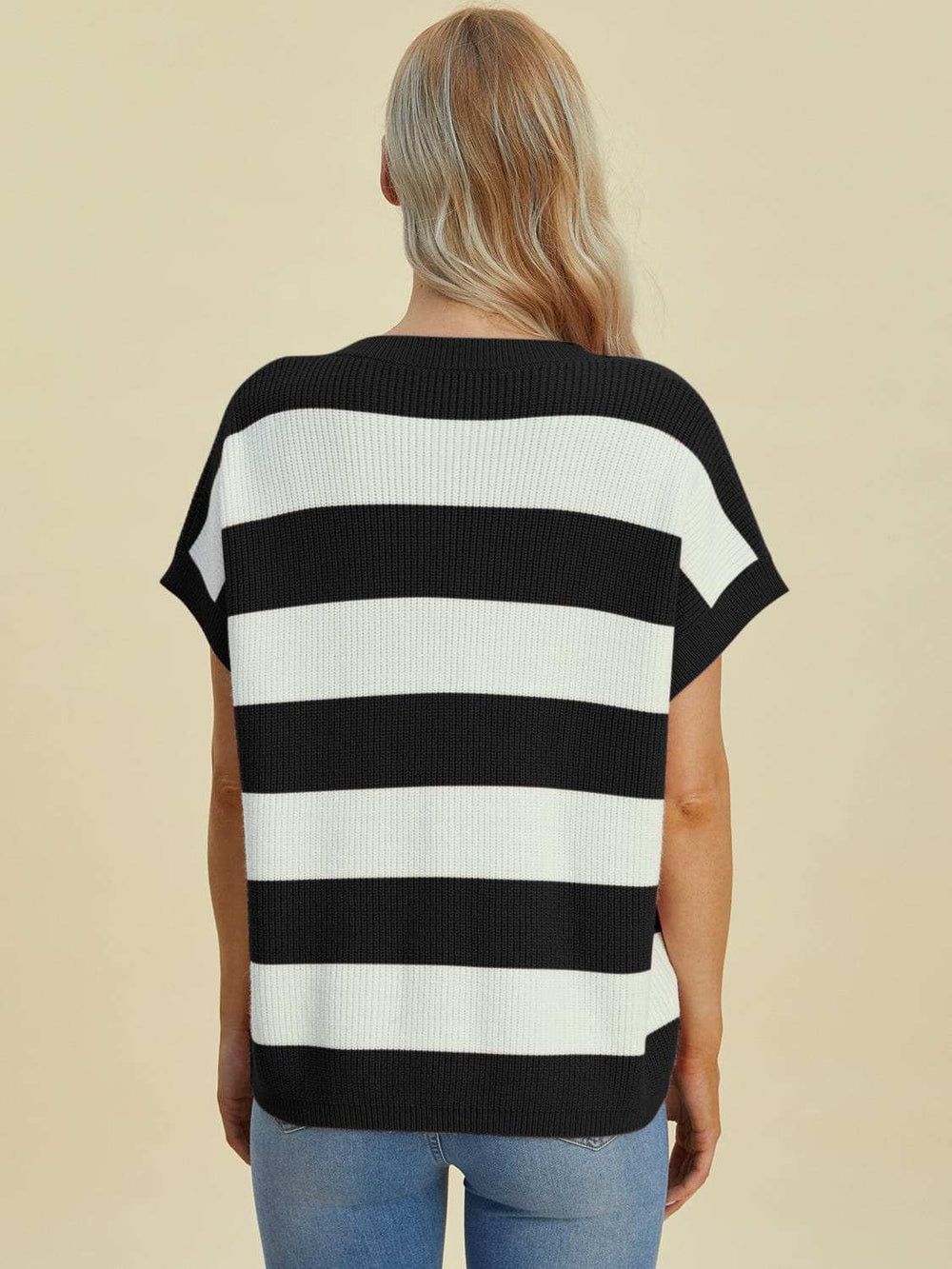 Double Take Full Size Striped V-Neck Short Sleeve Sweater - Trendsi - Flyclothing LLC