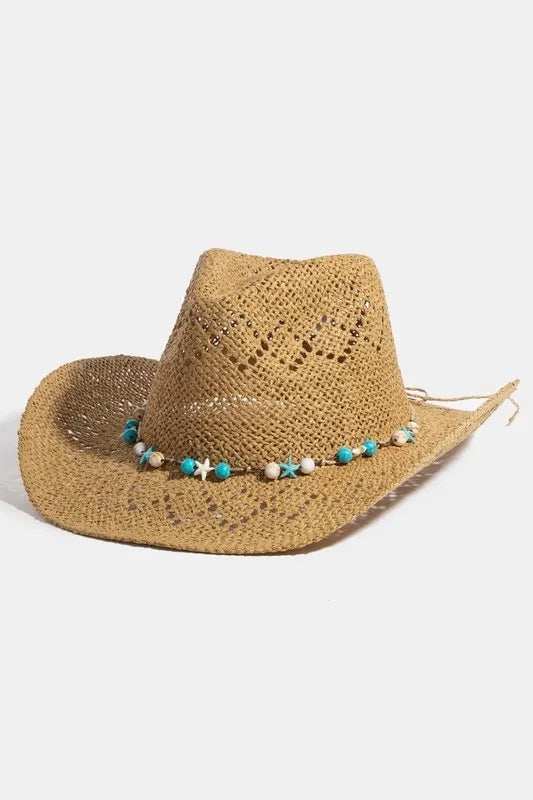 Fame Turquoise and Shell Star Beads Strap Western Straw Hat - Trendsi - Flyclothing LLC