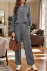 Round Neck Long Sleeve Top and Pants Set - Trendsi - Flyclothing LLC