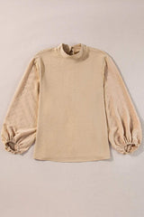 Swiss Dot Mock Neck Balloon Sleeve Blouse - Trendsi - Flyclothing LLC