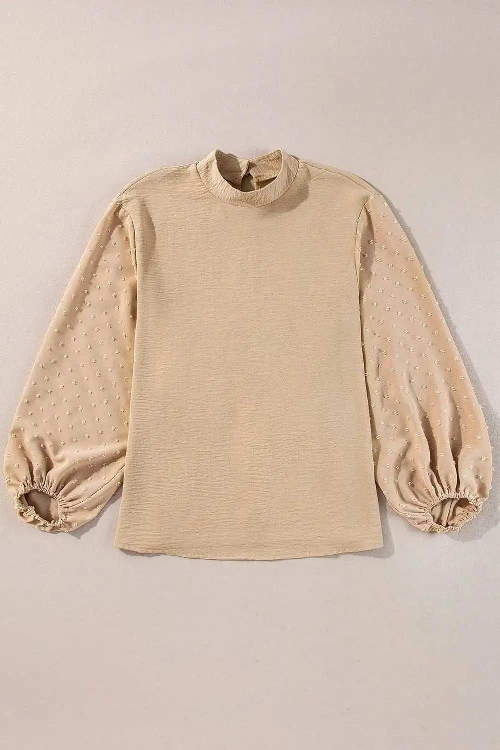 Swiss Dot Mock Neck Balloon Sleeve Blouse - Trendsi - Flyclothing LLC