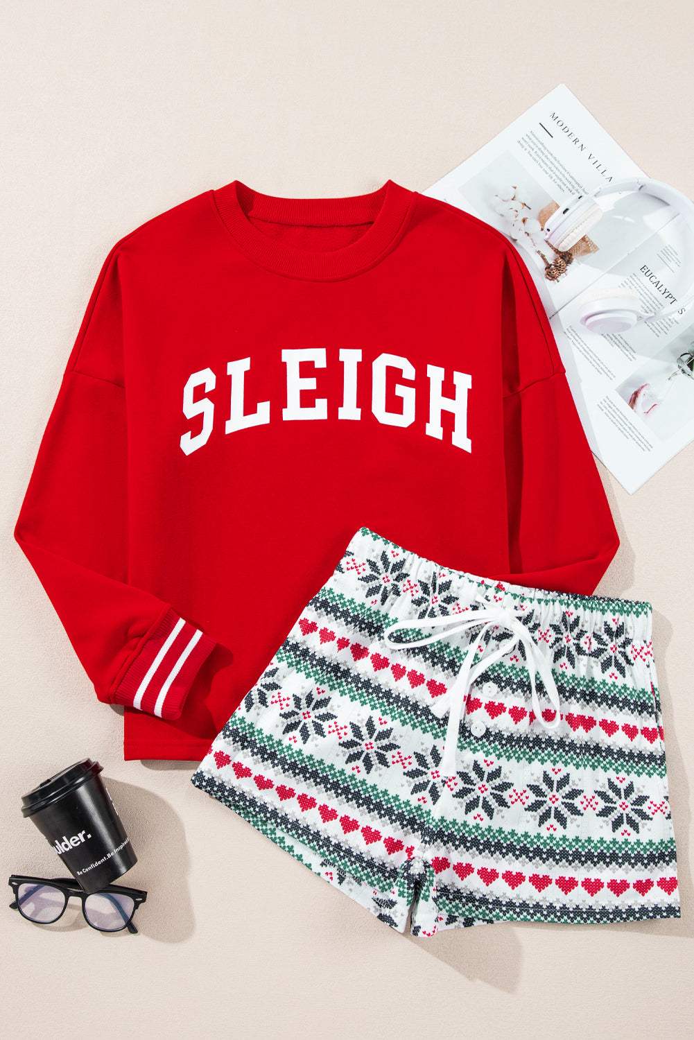 Letter Graphic Round Neck Top and Printed Shorts Lounge Set - Trendsi - Flyclothing LLC