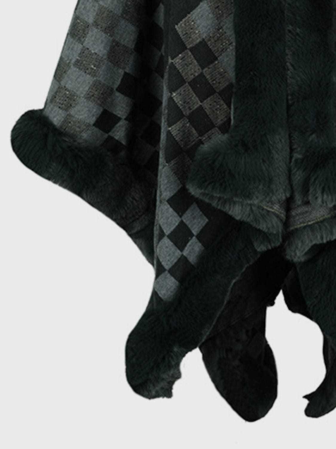 Fuzzy Checkered Long Sleeve Poncho - Trendsi